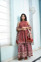 Stylish Berry Red Handblock sharara set with Gota work