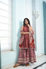 Stylish Berry Red Handblock sharara set with Gota work