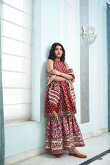 Stylish Berry Red Handblock sharara set with Gota work