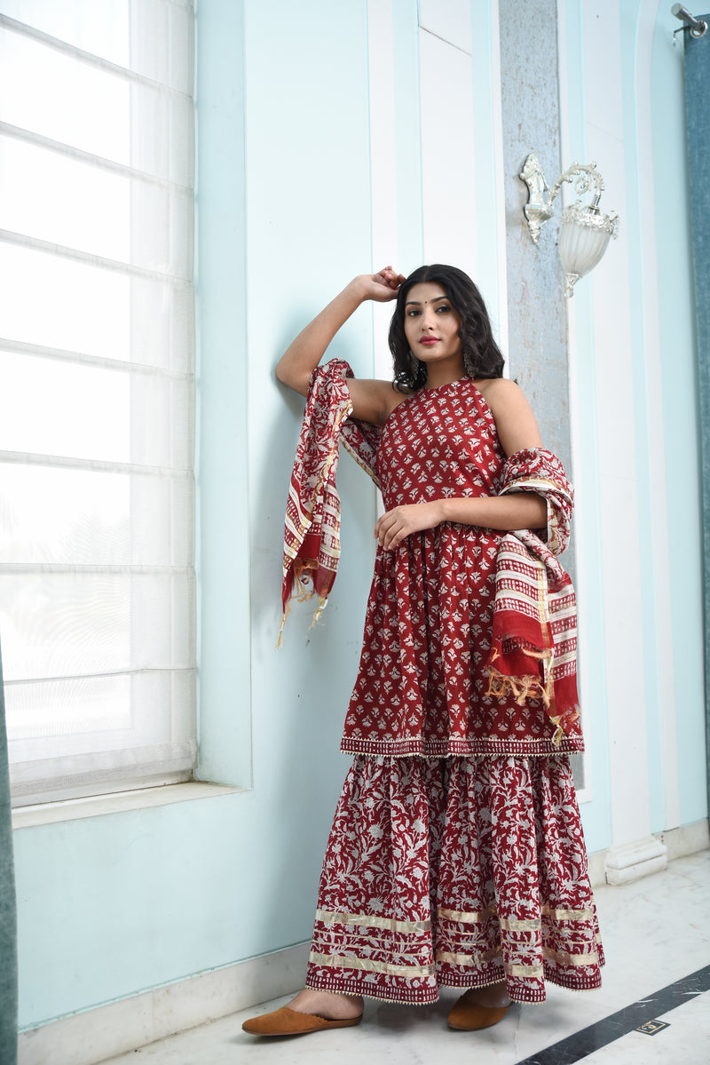 Stylish Berry Red Handblock sharara set with Gota work