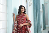 Stylish Berry Red Handblock sharara set with Gota work