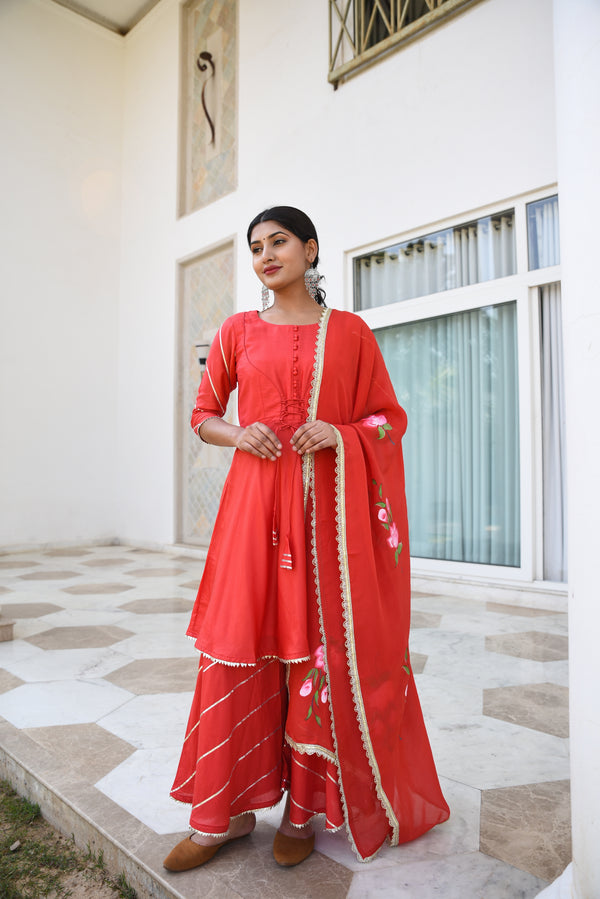 Trendy Red Rose Gota Detail Silk Sharara Set For Women