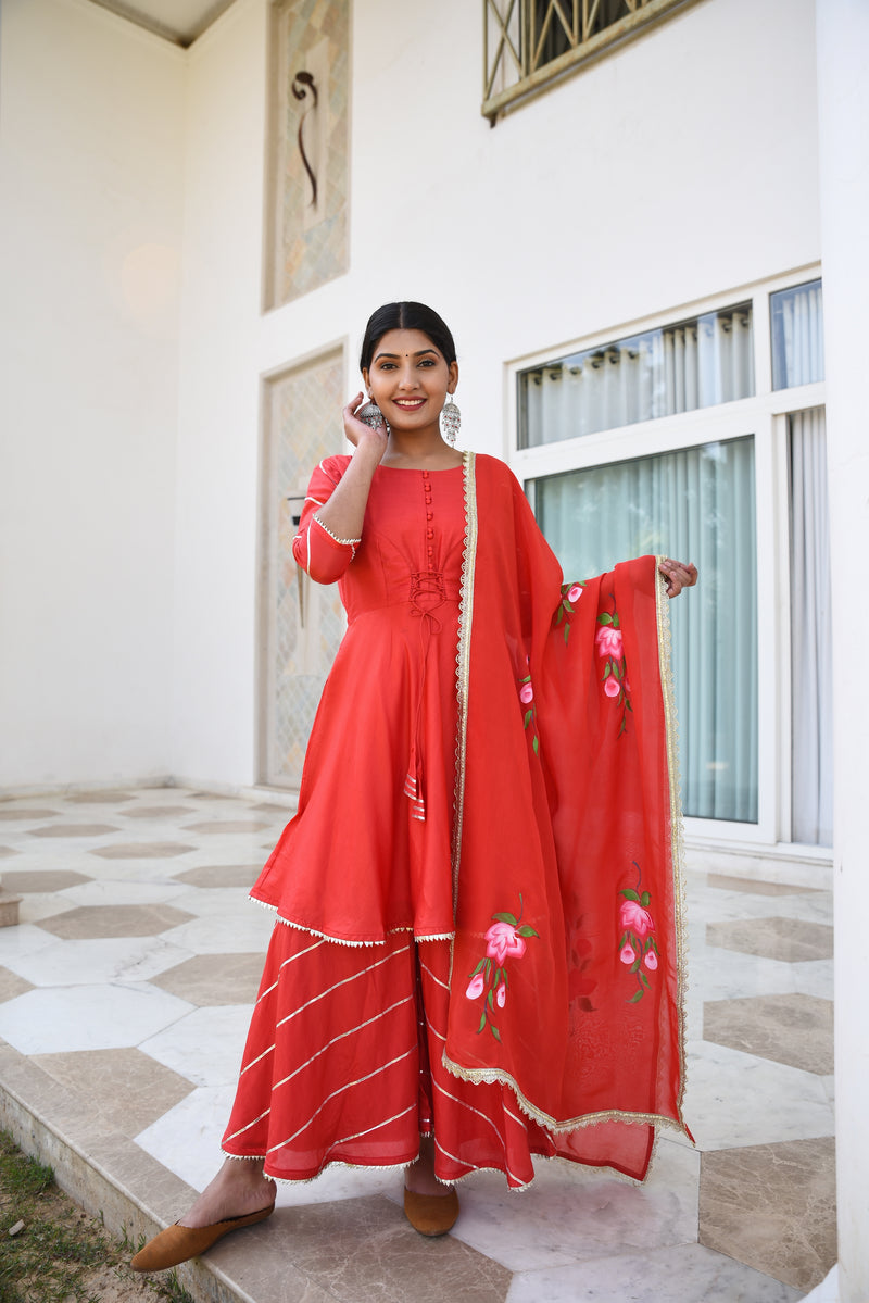 Trendy Red Rose Gota Detail Silk Sharara Set For Women