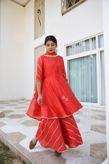 Trendy Red Rose Gota Detail Silk Sharara Set For Women