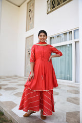 Trendy Red Rose Gota Detail Silk Sharara Set For Women
