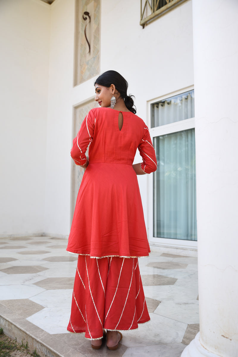 Trendy Red Rose Gota Detail Silk Sharara Set For Women