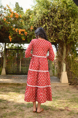 Berry red three tier Handblock cotton long dress