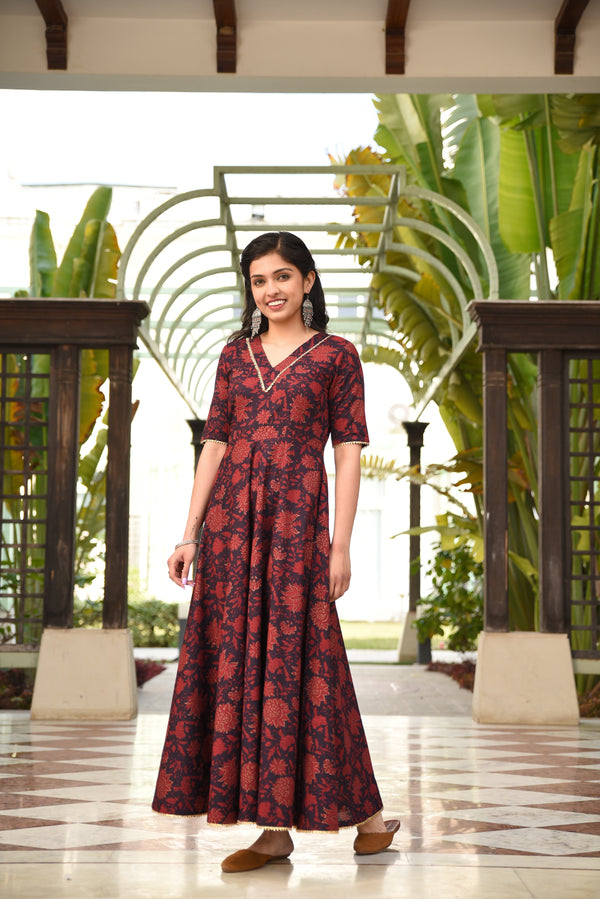 Maroon Floral full length cotton Dress