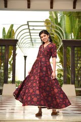 Maroon Floral full length cotton Dress