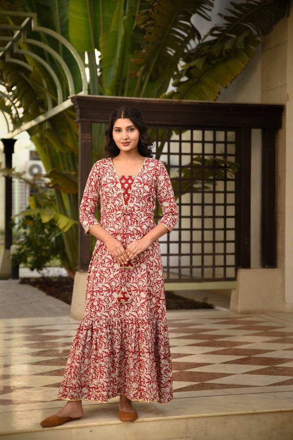 Berry Red Tier Detail Handblock Cotton Maxi Dress
