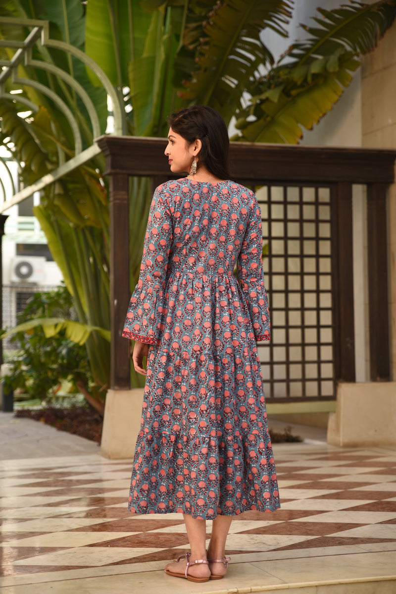 Sky Blue and Red frock Style Handblock Summer dress