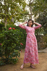 Women full length pink floral long dress in pure Handblock