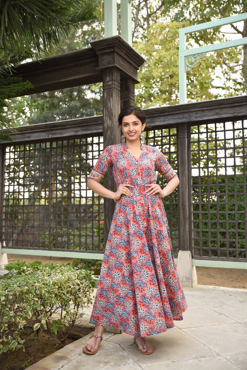 Twirl In Pink Pure Handblock Long Summer Dress
