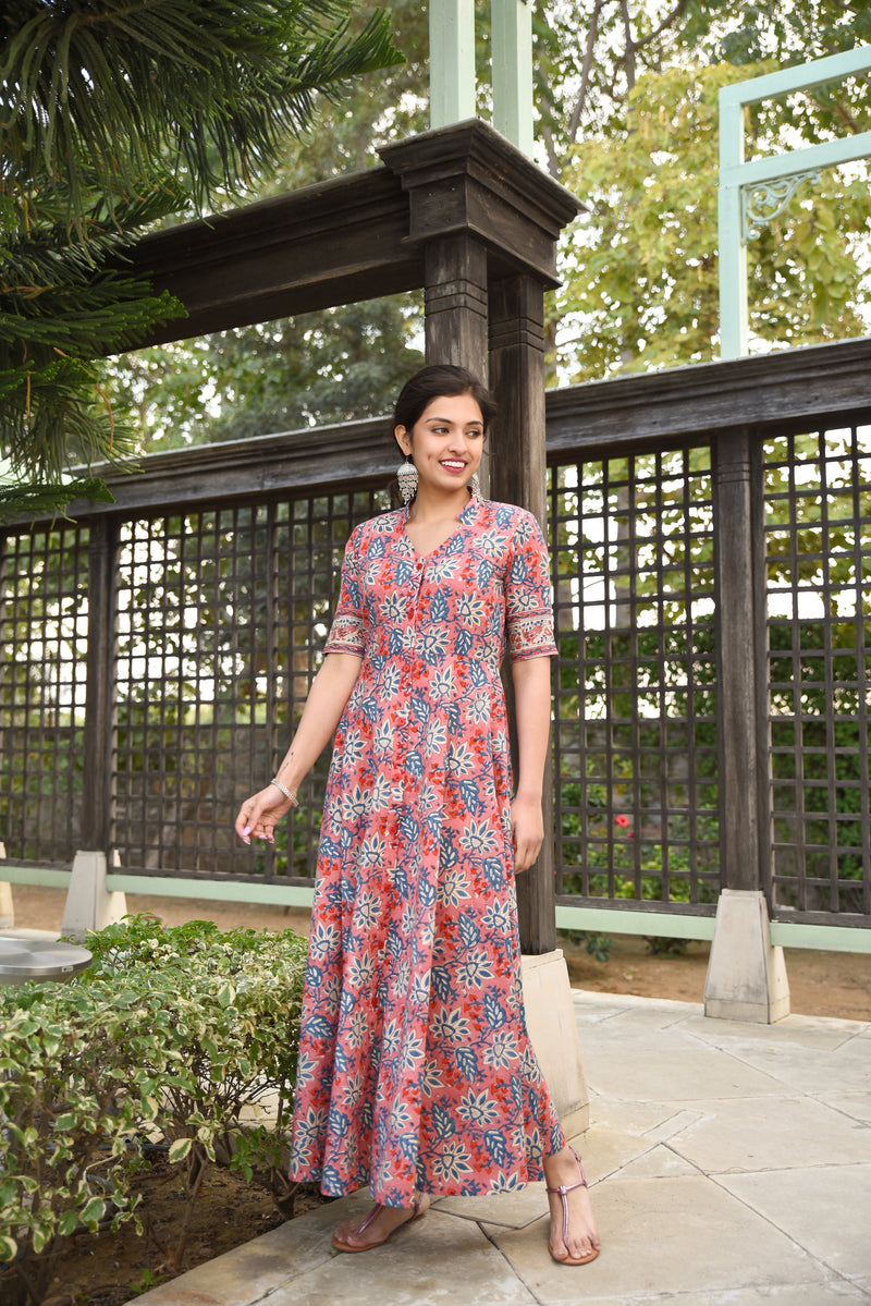 Twirl In Pink Pure Handblock Long Summer Dress