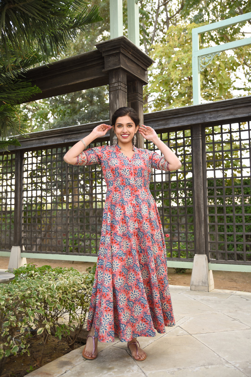 Twirl In Pink Pure Handblock Long Summer Dress