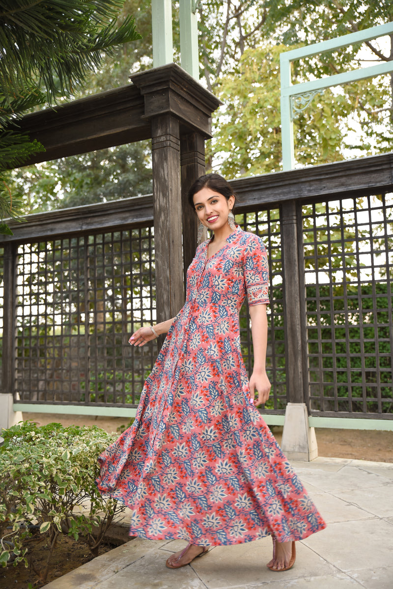 Twirl In Pink Pure Handblock Long Summer Dress