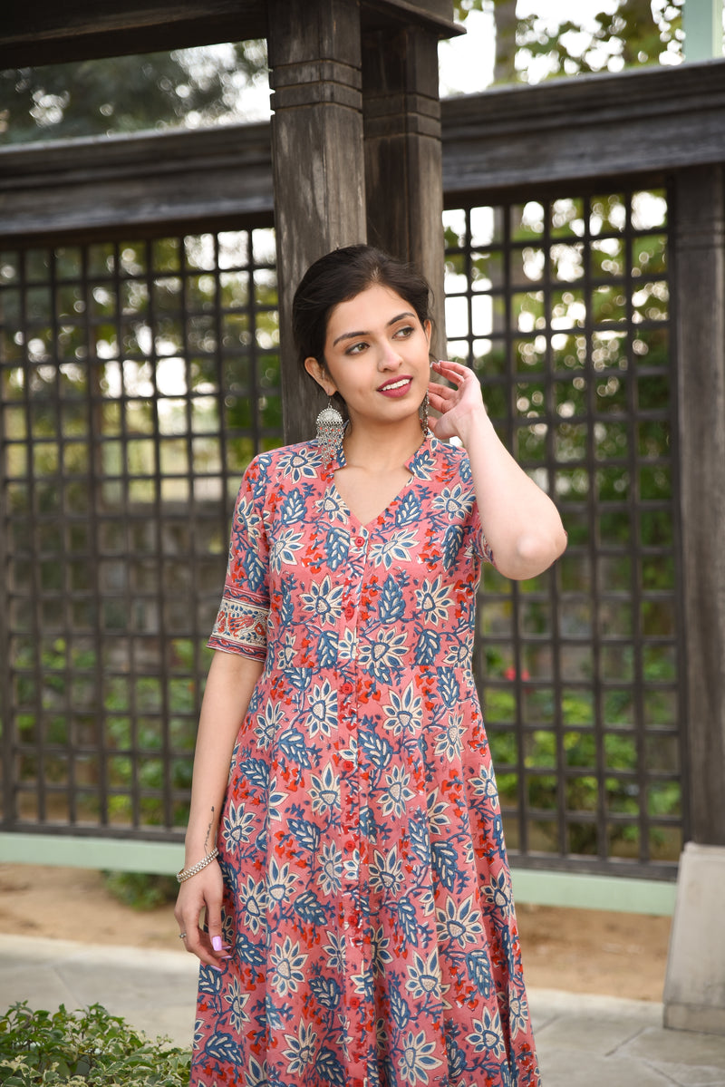 Twirl In Pink Pure Handblock Long Summer Dress