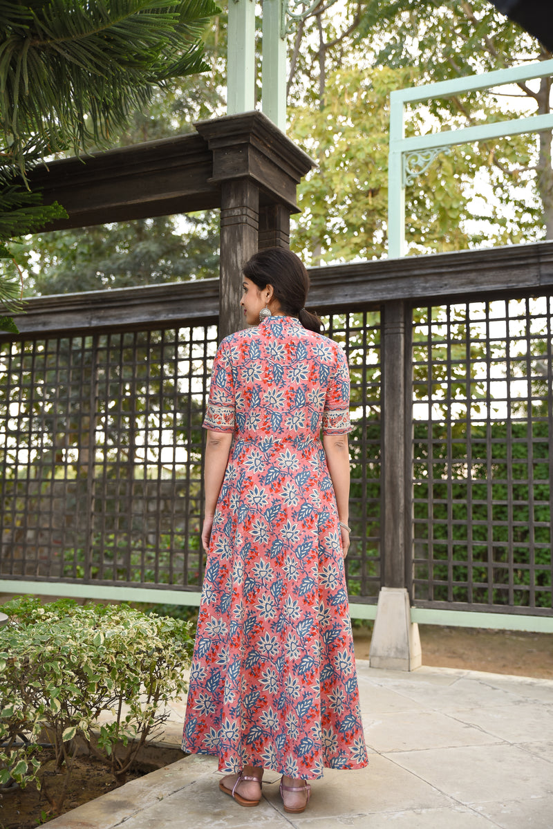 Twirl In Pink Pure Handblock Long Summer Dress