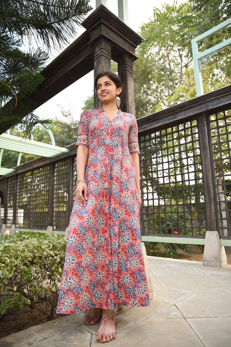 Twirl In Pink Pure Handblock Long Summer Dress