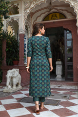 Jaipuri Naari Blue Green Cotton Suit Set