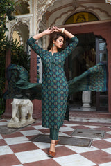Jaipuri Naari Blue Green Cotton Suit Set