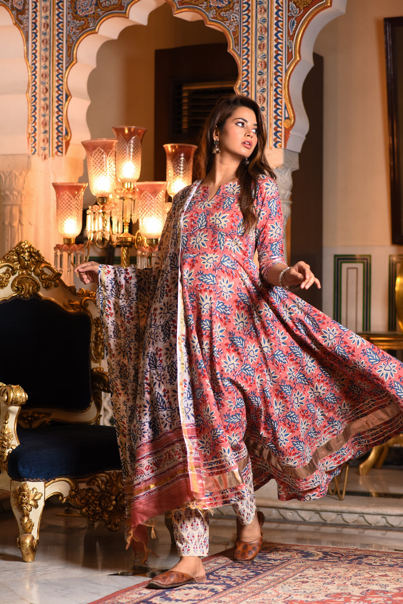 Gul Handblock Anarkali Gher Suit With Gota Detail