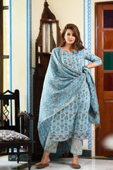 Simple And Stylish Blue Handblock Cotton Suit Set With Chanderi Silk Dupatta