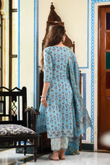 Simple And Stylish Blue Handblock Cotton Suit Set With Chanderi Silk Dupatta