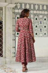 Mesmerizing Maroon Anarkali Gher Handblock print Kurta with Pant Only