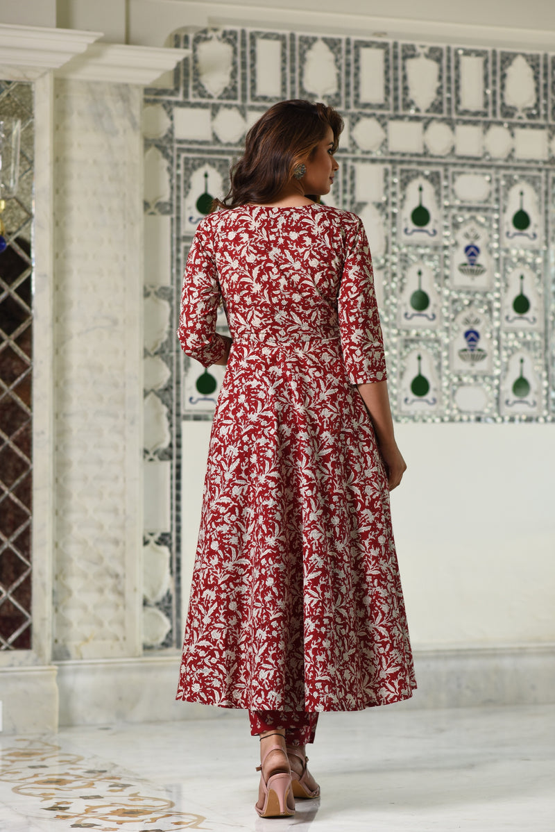 Mesmerizing Maroon Anarkali Gher Handblock print Kurta with Pant Only