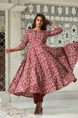 Mesmerizing Maroon Anarkali Gher Handblock print Kurta with Pant Only