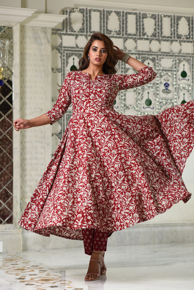 Mesmerizing Maroon Anarkali Gher Handblock print Kurta with Pant Only