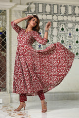 Mesmerizing Maroon Anarkali Gher Handblock print Kurta with Pant Only