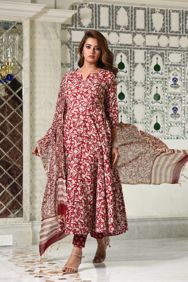 Auburn Maroon Handblock Anarkali Suit Set