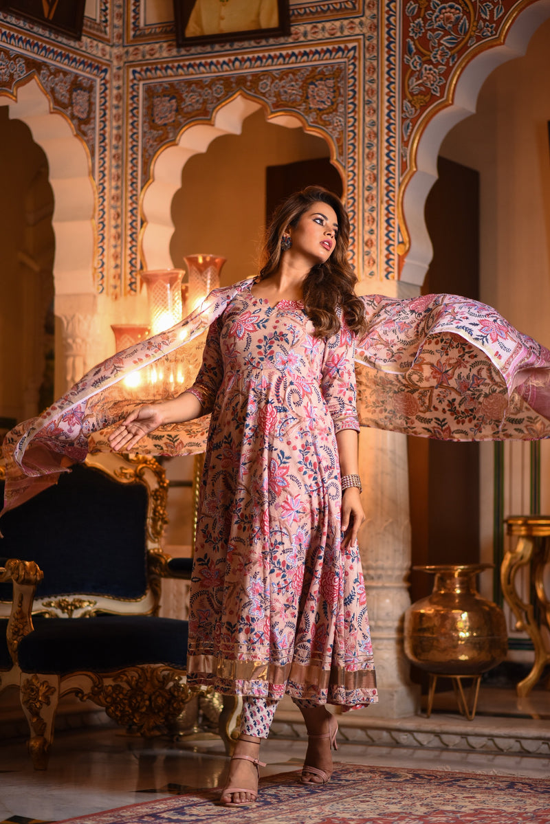 Beige Beauty Handblock Anarkali Suit Set