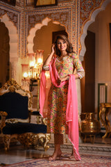 Sunshine Lace Detail Suit Set With Solid Pink Chiffon Dupatta
