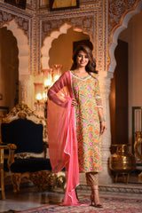 Sunshine Lace Detail Suit Set With Solid Pink Chiffon Dupatta