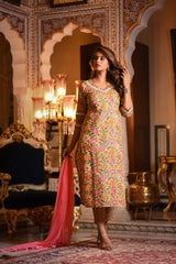 Sunshine Lace Detail Suit Set With Solid Pink Chiffon Dupatta