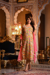 Sunshine Lace Detail Suit Set With Solid Pink Chiffon Dupatta
