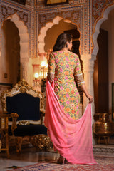 Sunshine Lace Detail Suit Set With Solid Pink Chiffon Dupatta