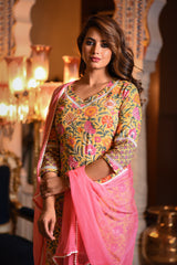 Sunshine Lace Detail Suit Set With Solid Pink Chiffon Dupatta