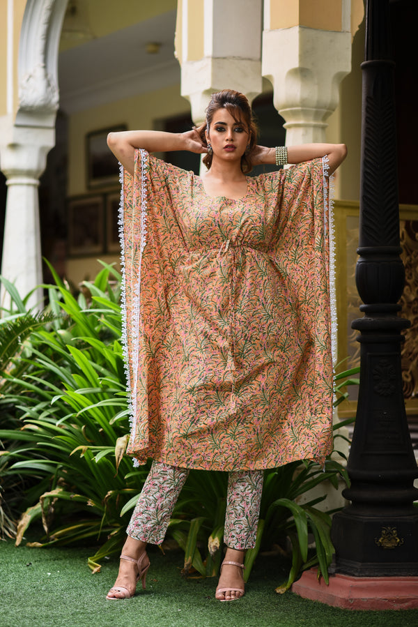 Mystical Mustard Handblock Mul Cotton Kaftan And Bottom Set