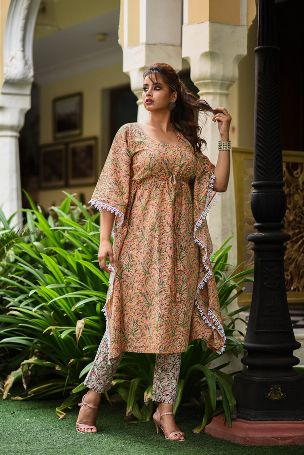 Mystical Mustard Handblock Mul Cotton Kaftan And Bottom Set