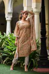 Mystical Mustard Handblock Mul Cotton Kaftan And Bottom Set