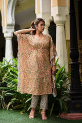 Mystical Mustard Handblock Mul Cotton Kaftan And Bottom Set