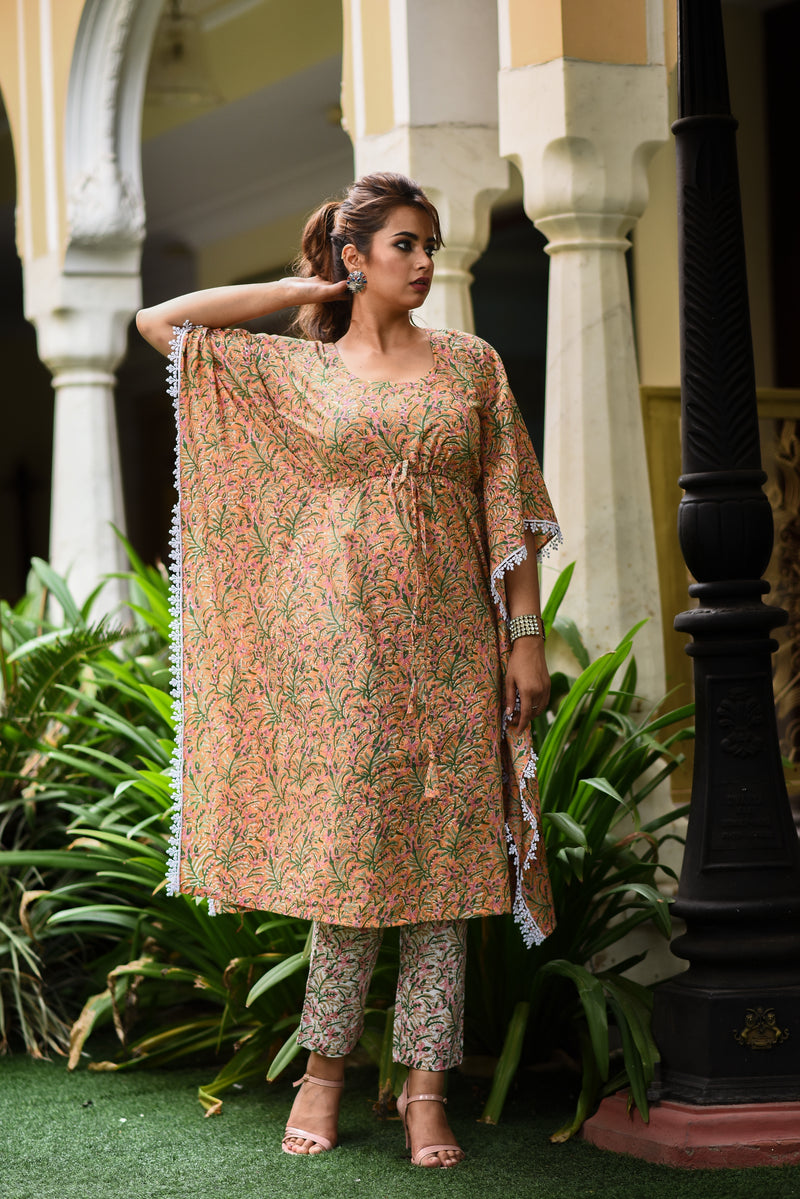 Mystical Mustard Handblock Mul Cotton Kaftan And Bottom Set