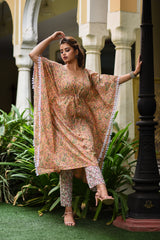 Mystical Mustard Handblock Mul Cotton Kaftan And Bottom Set