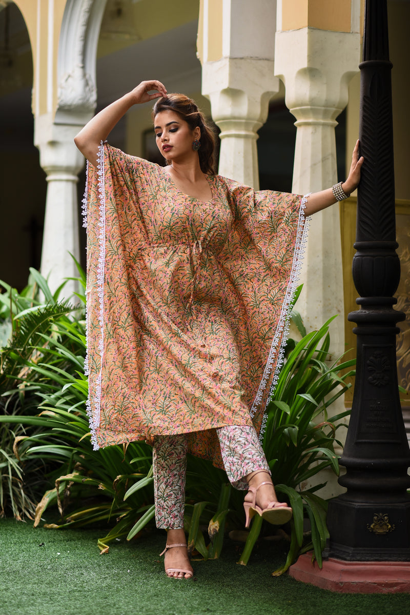 Mystical Mustard Handblock Mul Cotton Kaftan And Bottom Set