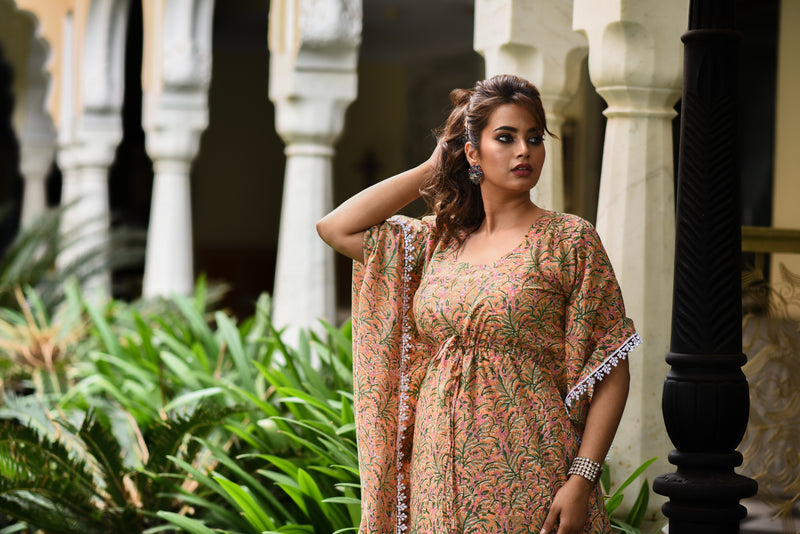 Mystical Mustard Handblock Mul Cotton Kaftan And Bottom Set