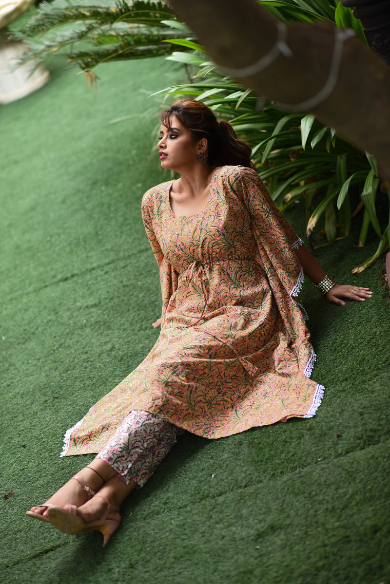 Mystical Mustard Handblock Mul Cotton Kaftan And Bottom Set